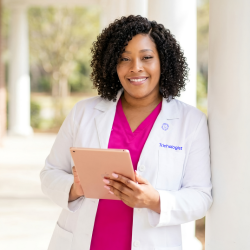 Donecia Sullivan holding a tablet for a private nationwide virtual hair loss consultation